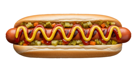Appetizing close-up of hotdog with condiments and pickle relish on transparent background