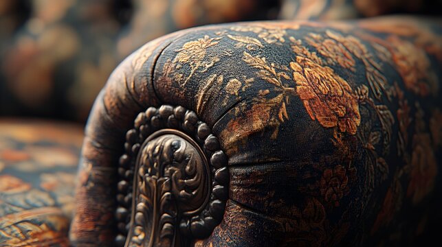 Close-up of an antique floral patterned sofa arm with ornate details