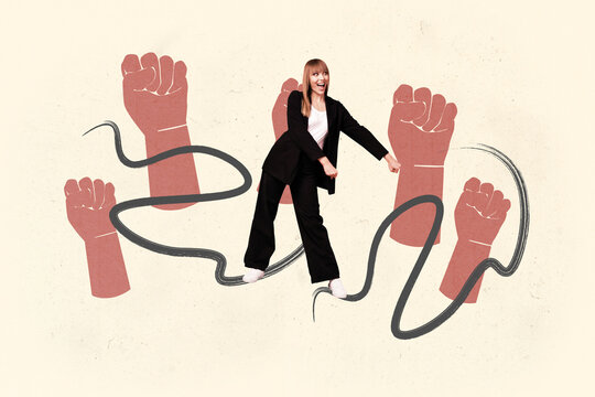 Poster image sketch full collage of happy girl guy stand strike fist support gesture demonstration activist protest agitation