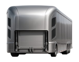 Enclosed car transport trailer with hydraulic lift gate and side vents.