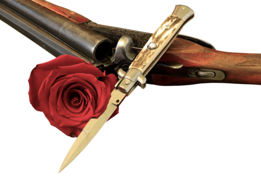 sawn off shotgun automatic knife and red rose isoalted on transparent background