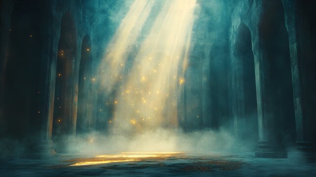 Mystical light beams illuminate an ancient temple interior with atmospheric fog