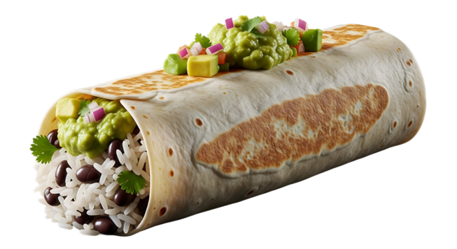 Delicious and vibrant burrito with flavorful toppings presented beautifully on transparent background