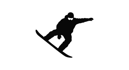 Dynamic silhouette of a snowboarder performing a trick on a white background in a bold graphic style silhouette