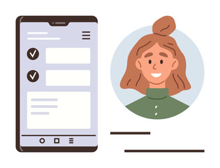 Mobile screen with checklist items and a female avatar in a circular placeholder. Ideal for user interface, task management, profile creation, app design, communication, teamwork, project planning