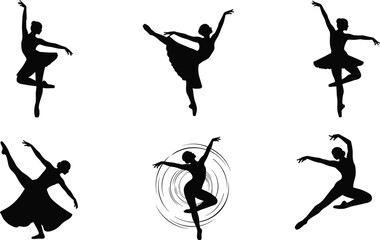 Ballet dancer silhouette performing elegant dance poses, classical ballet art concept, graceful movement expression, performing arts illustration, flat vector design