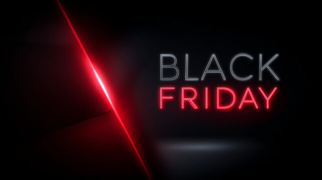 Elegant dark Black Friday background with red neon accents and bold SALE text, 50% off everything, luxury retail promotion design, minimal composition, modern geometric layout, pre