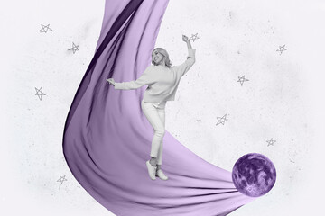 Banner 3d poster art collage of happy girl guy stand space galaxy moon planet cosmos discovery...