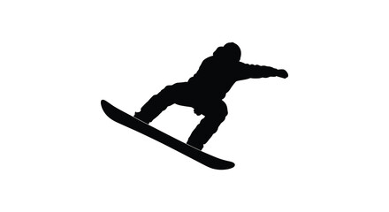Dynamic silhouette of a snowboarder performing a jump and trick against a clean white background