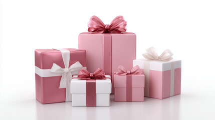 Obraz premium Realistic vector collection of pink and white gift boxes with ribbons and bows, open and closed presents, 3D illustration on white background, elegant festive design, minimal compo