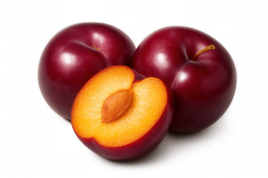 Fresh ripe plums including one sliced open, revealing juicy flesh and seed, on transparent background