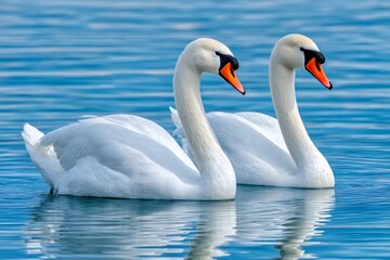 Fototapeta premium Pair of mute swans swimming together on blue water