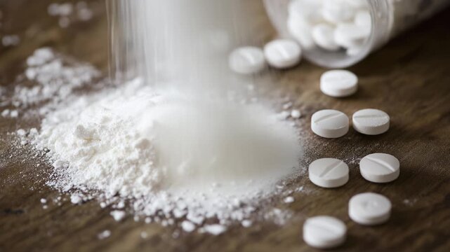 White powder drug falling next to pills