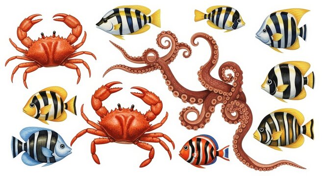 A vibrant collection of marine life including crabs, an octopus, and various striped fish.