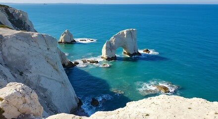 Coastal cliffs arching into turquoise waters under bright sunlight