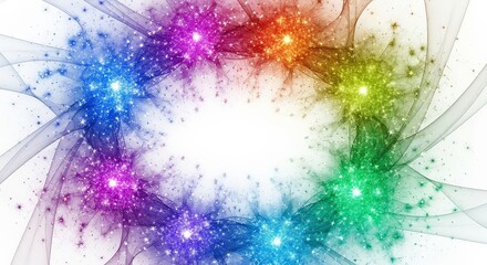 Abstract digital art piece featuring a vibrant explosion of colorful light and energy, radiating outwards.