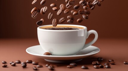 Obraz premium White coffee cup with a white saucer is filled with coffee and has a lot of coffee grounds on the saucer