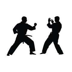 Two silhouetted figures in karate stances facing each other on a white background image view