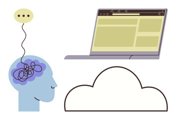 Head with tangled thoughts, speech bubble, cloud outline, laptop browser. Ideal for artificial intelligence, data storage, technology, mental health, brainstorming communication cloud computing