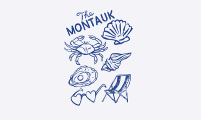Crab, oyster, sunglass, beach chair, snail artwork for t shirt. Beach vintage artwork. The montauk artwork.