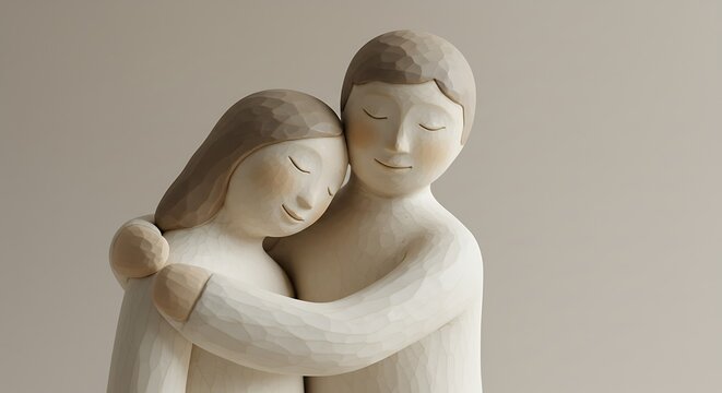 Couple sculpture embracing in tender affection on neutral background - Powered by Adobe