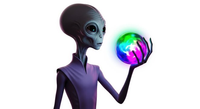 Grey alien holding a glowing, multi-colored orb with a white background.