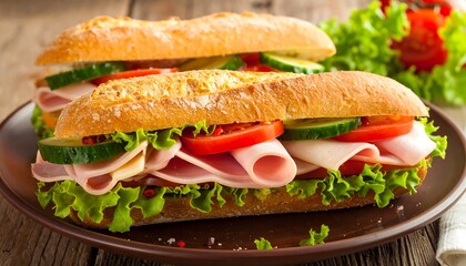 Two gourmet sandwiches with various fillings on a brown plate