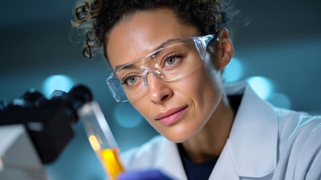 Woman wearing a lab coat and safety goggles is holding a test tube with a yellow liquid in it