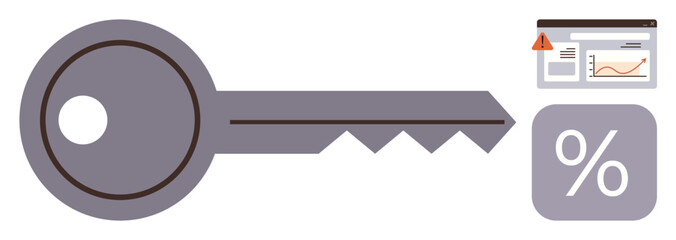 Fototapeta premium Key alongside data analytics dashboard with alert icon and percentage sign. Ideal for security, data access, financial analysis, risk management, cybersecurity, business strategy, or