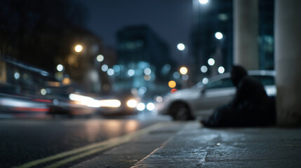 Urban night scene of homeless person resting under streetlight, blurred cars passing in background, cinematic realism and emotional tone street documentary, poverty awareness, lone