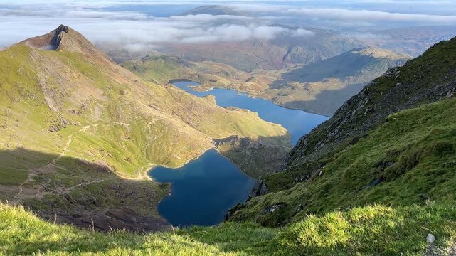 Lake Glaslyn and Llyn Llydaw view From Mount Snowdon, Snowdonia Eryri National Park, Gwynedd, Wales, United Kingdom