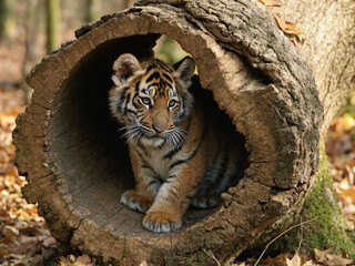Tiger Cub in Hollow Log
