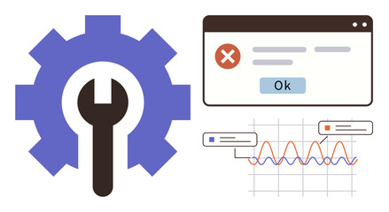 Gear and wrench for repair, error window with Ok button, line graph with markers for data analysis. Ideal for IT management, troubleshooting, error tracking, system maintenance, software updates