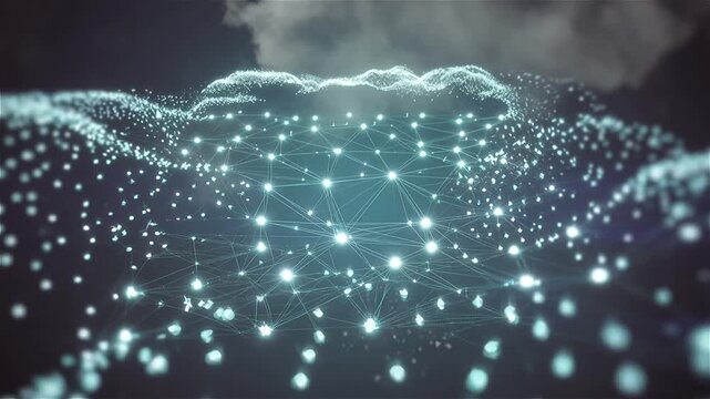 A slow-motion visualization of smart dust deployment, where glowing motes form a self-organizing sensor network through dynamic mesh links, symbolizing next-generation IoT and distributed intelligence