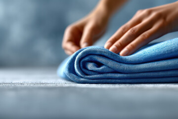 Hands carefully washing delicate blue fabric for laundry care.Hands gently holding and caring for a vibrant blue textile. 