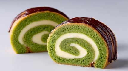 Two slices of green cake with chocolate drizzle. The cake is rolled up and has a chocolate glaze