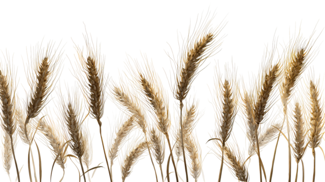 Minimalist horizontal wheat ear composition in bright lighting on transparent background