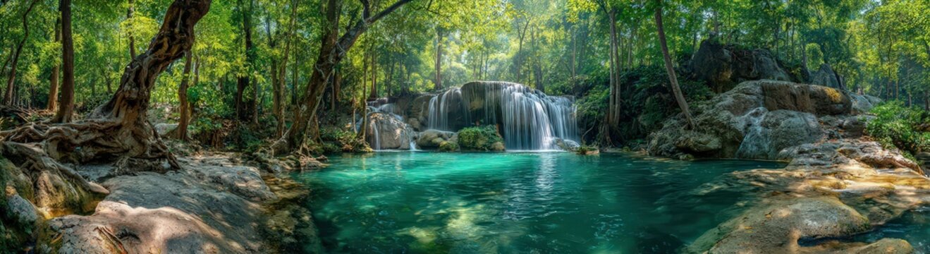 Lush Tropical Forest Pool Surrounded By Green Foliage with Waterfalls and Sunlit Reflections