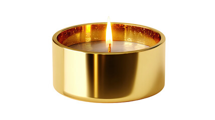 Minimalist gold metal candle holder with lit candle on transparent background