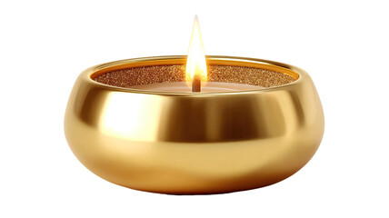 Minimalist gold metal candle holder with lit candle on transparent background