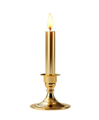 Minimalist gold metal candle holder with lit candle on transparent background