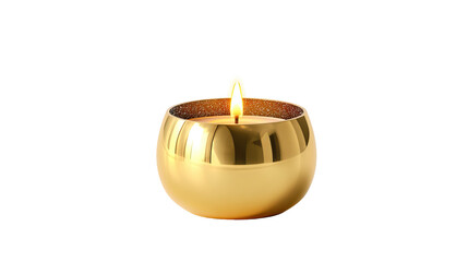Minimalist gold metal candle holder with lit candle on transparent background