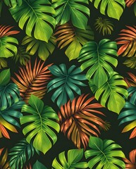 Fototapeta premium Vibrant Seamless Pattern of Exotic Tropical Foliage, Featuring Lush Monstera and Palm Leaves in Gradient Green and Orange Hues on a Dark Background, Perfect for Modern Design