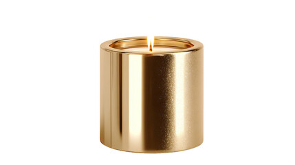 Minimalist gold metal candle holder with lit candle on transparent background