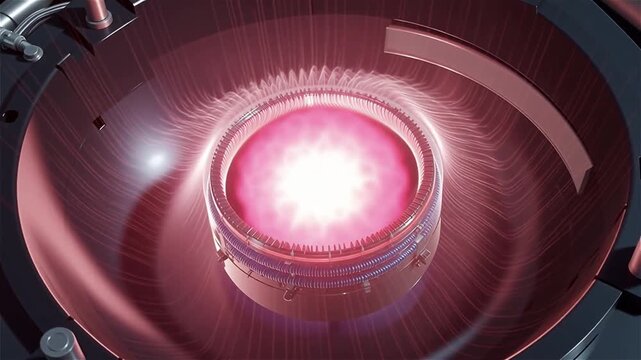 Cinematic close-up of a beam-driven hydrogen-boron fusion reactor, the glowing pink plasmoid pulsing with aneutronic energy inside a magnetic chamber, symbolizing next-generation clean power technolog