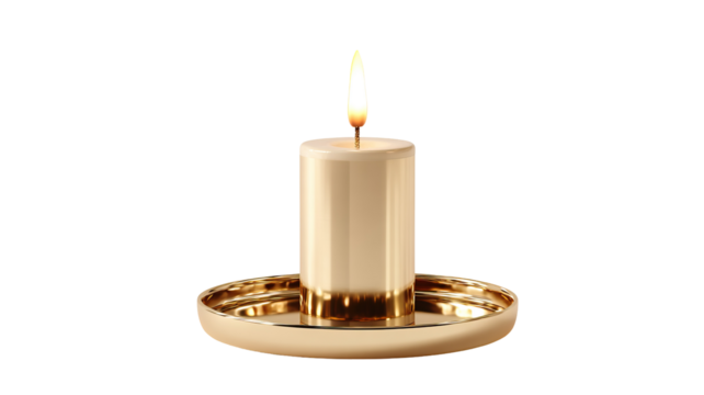 Minimalist gold metal candle holder with burning candle on transparent background