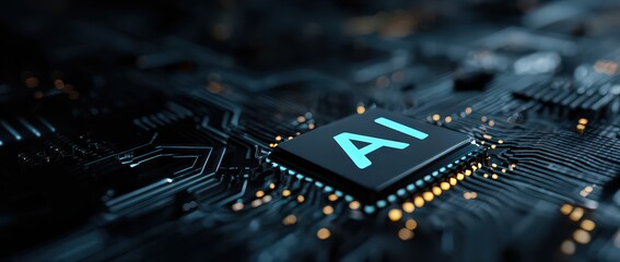 Macro Shot Of Electronic Circuit Board With AI Text In Teal Color Dark Background