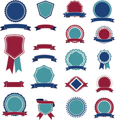 Badge and emblem icon set with ribbons, shields, stars, and circular awards in colorful vector style for labels and promotions
