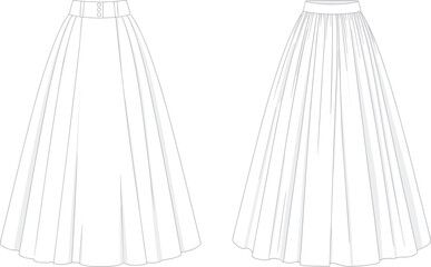 Fashion skirt technical sketch, long skirt design, pleated skirt drawing, gathered skirt illustration, garment construction, sewing pattern, apparel design, cad drawing flat vector illustration