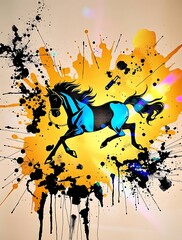 Naklejka premium Dynamic blue and black horse illustration exploding with vibrant yellow and orange paint splashes, an energetic abstract art piece showcasing artistic movement